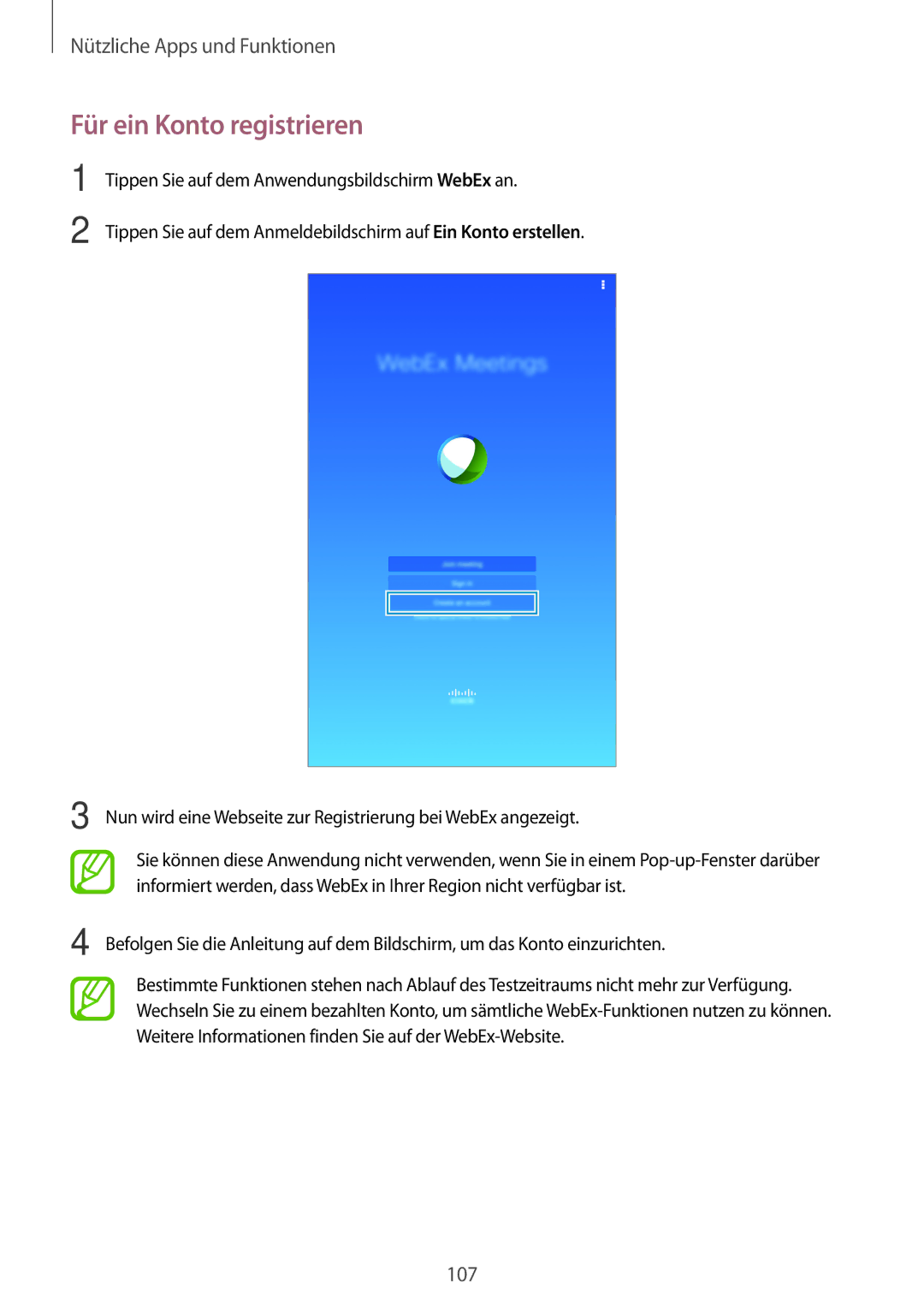 Samsung SM-T700NZWADBT, SM-T700NZWAXEO, SM-T700NZWASEB, SM-T700NTSADBT, SM-T700NZWATPH manual Für ein Konto registrieren 