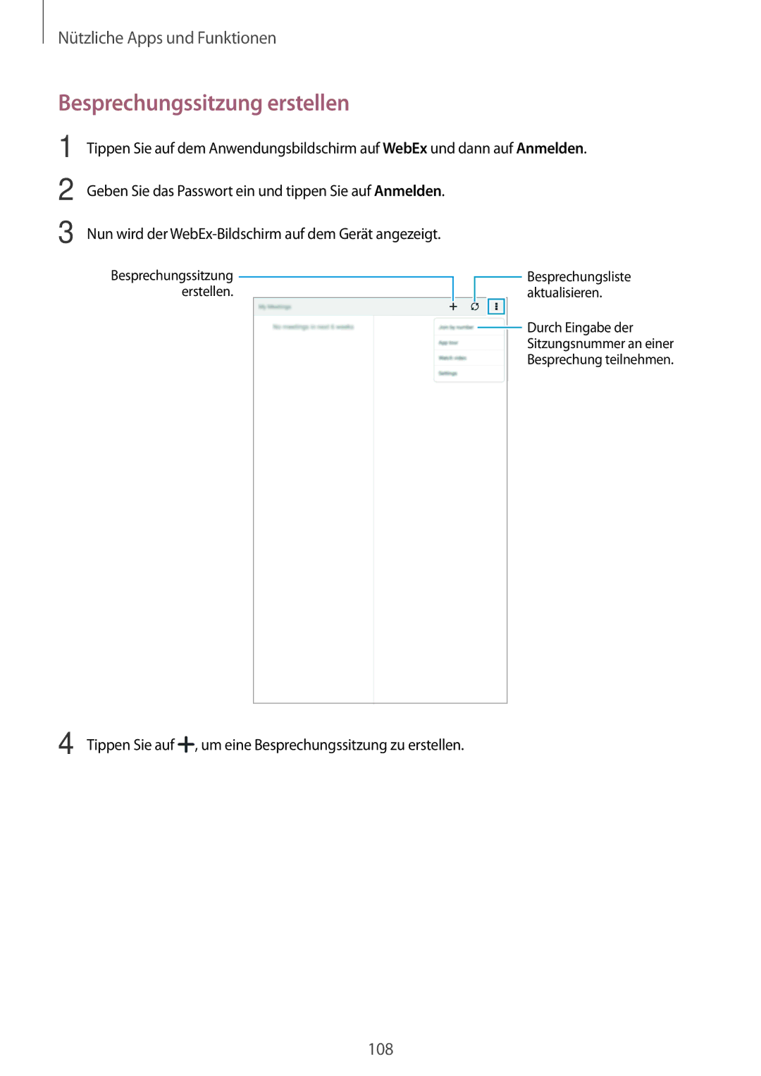 Samsung SM-T700NTSADBT, SM-T700NZWAXEO, SM-T700NZWASEB, SM-T700NZWADBT, SM-T700NZWATPH manual Besprechungssitzung erstellen 