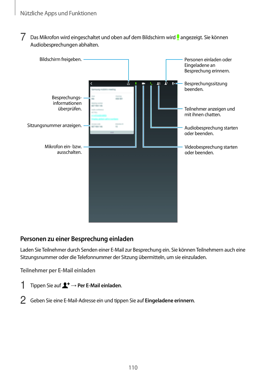 Samsung SM-T700NZWAEUR, SM-T700NZWAXEO manual Personen zu einer Besprechung einladen, Tippen Sie auf →Per E-Mail einladen 