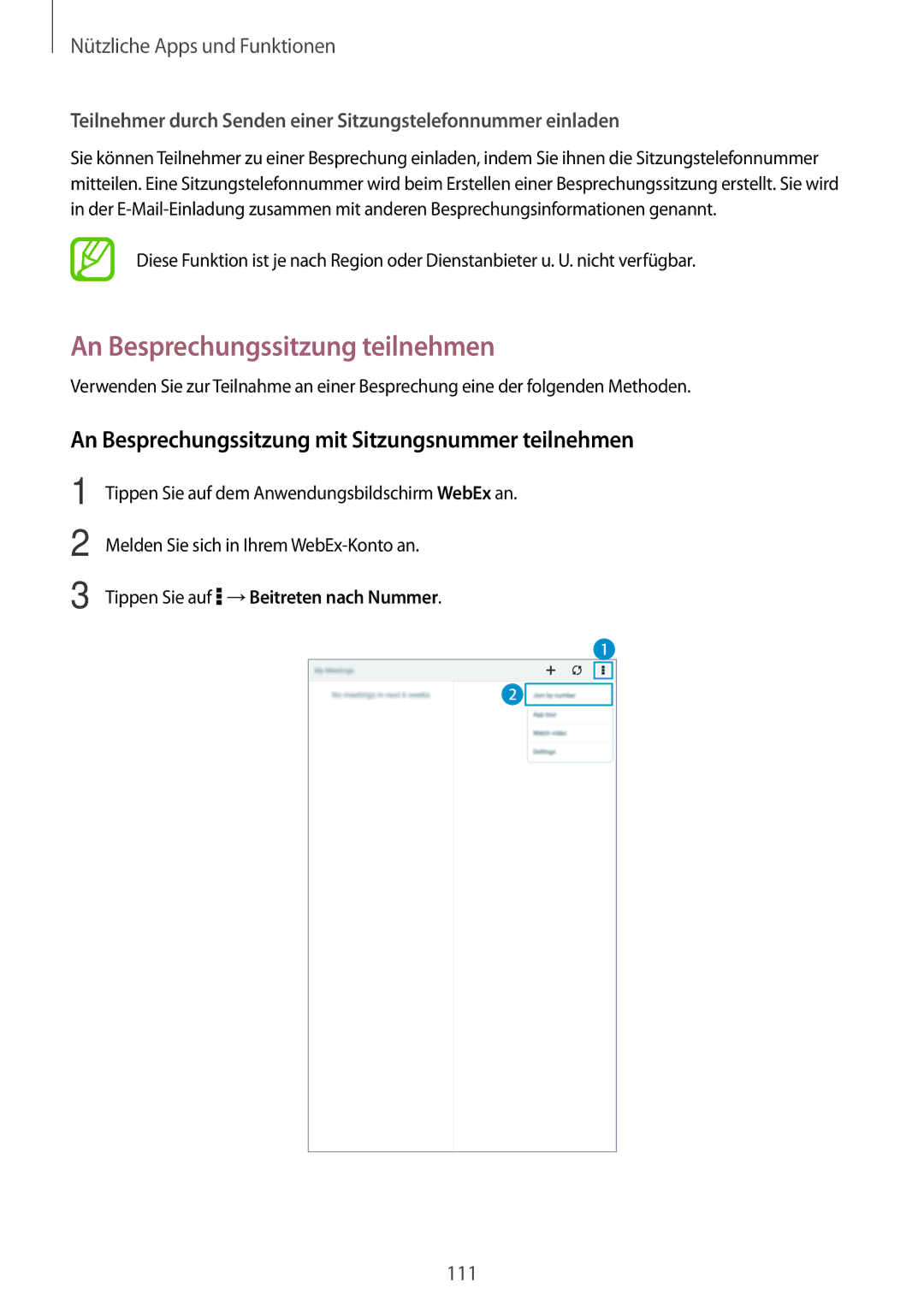 Samsung SM-T700NTSAEUR manual An Besprechungssitzung teilnehmen, An Besprechungssitzung mit Sitzungsnummer teilnehmen 