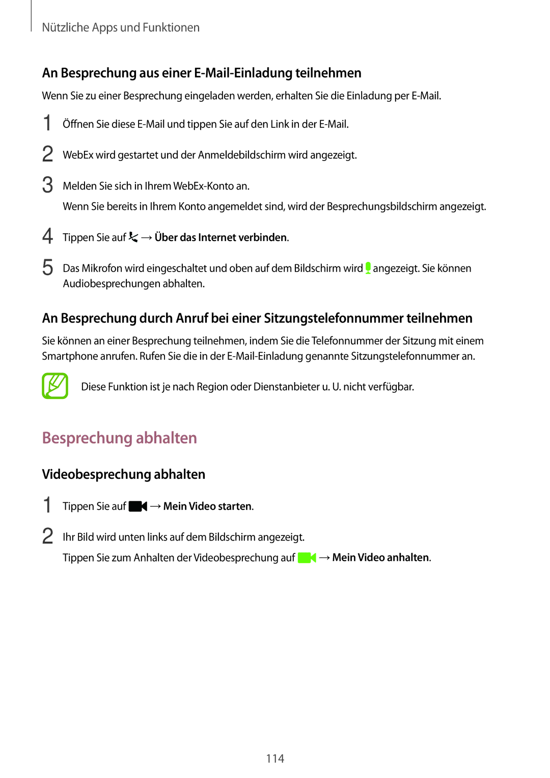 Samsung SM-T700NTSATPH, SM-T700NZWAXEO manual Besprechung abhalten, An Besprechung aus einer E-Mail-Einladung teilnehmen 