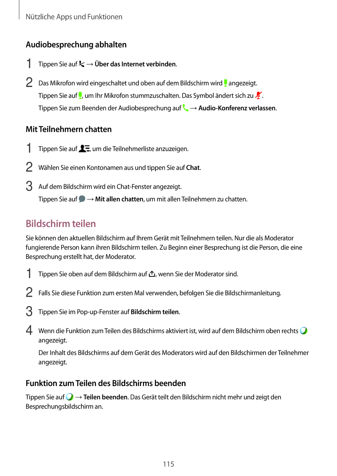 Samsung SM-T700NHAADBT, SM-T700NZWAXEO manual Bildschirm teilen, Audiobesprechung abhalten, Mit Teilnehmern chatten 