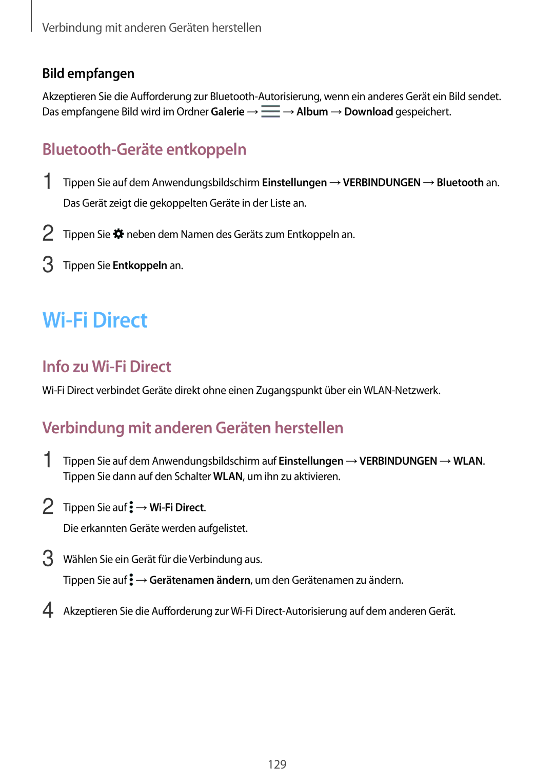 Samsung SM-T700NTSATPH Bluetooth-Geräte entkoppeln, Info zu Wi-Fi Direct, Verbindung mit anderen Geräten herstellen 