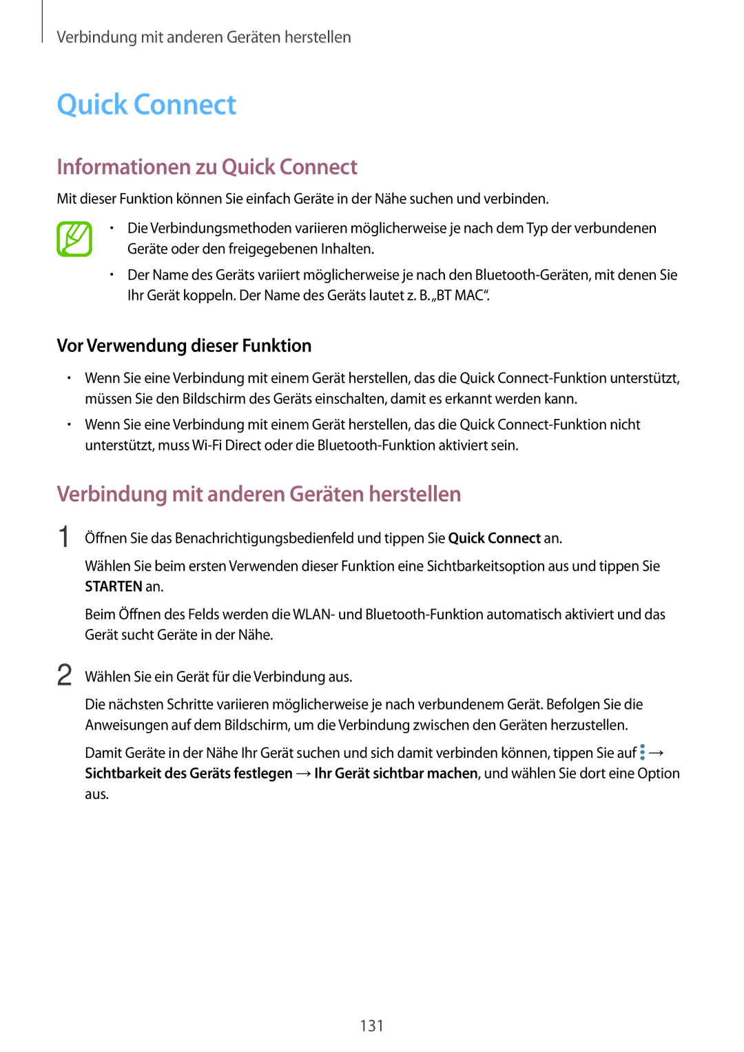 Samsung SM-T700NTSATUR, SM-T700NZWAXEO, SM-T700NZWASEB Informationen zu Quick Connect, Vor Verwendung dieser Funktion 