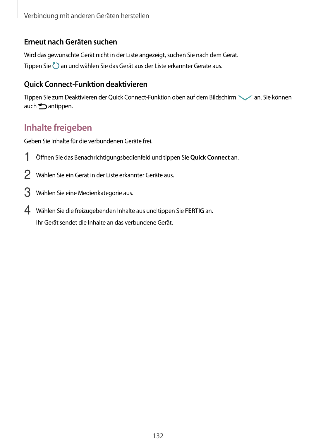 Samsung SM-T700NZWAATO, SM-T700NZWAXEO Inhalte freigeben, Erneut nach Geräten suchen, Quick Connect-Funktion deaktivieren 