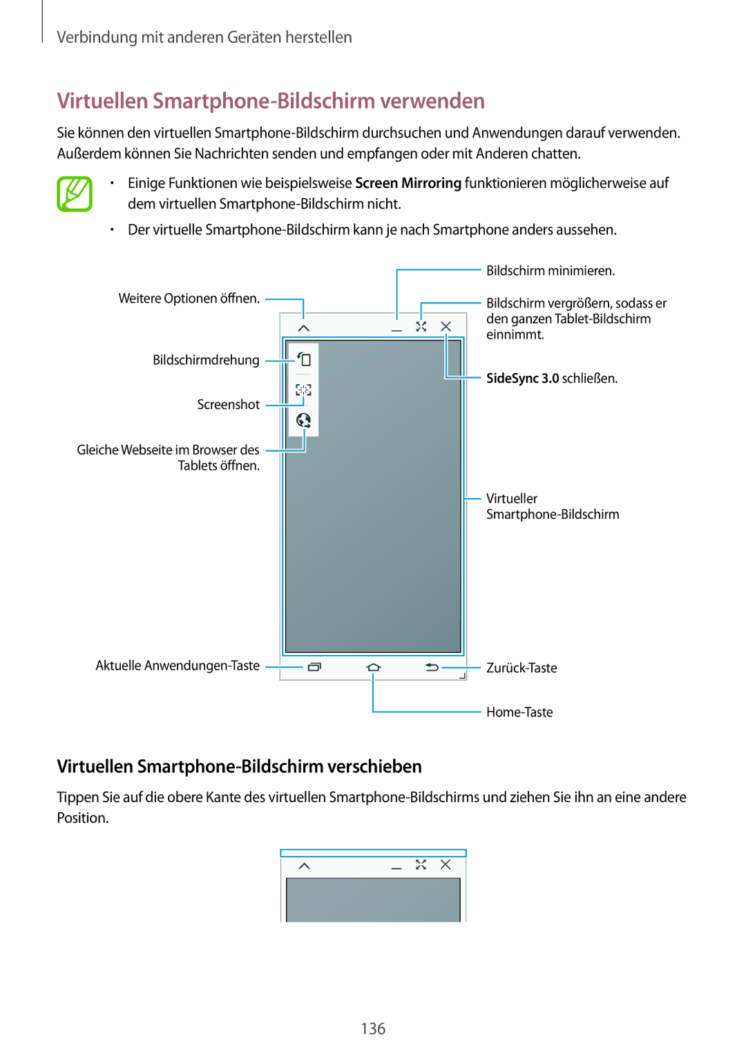 Samsung SM-T700NZWASEB manual Virtuellen Smartphone-Bildschirm verwenden, Virtuellen Smartphone-Bildschirm verschieben 