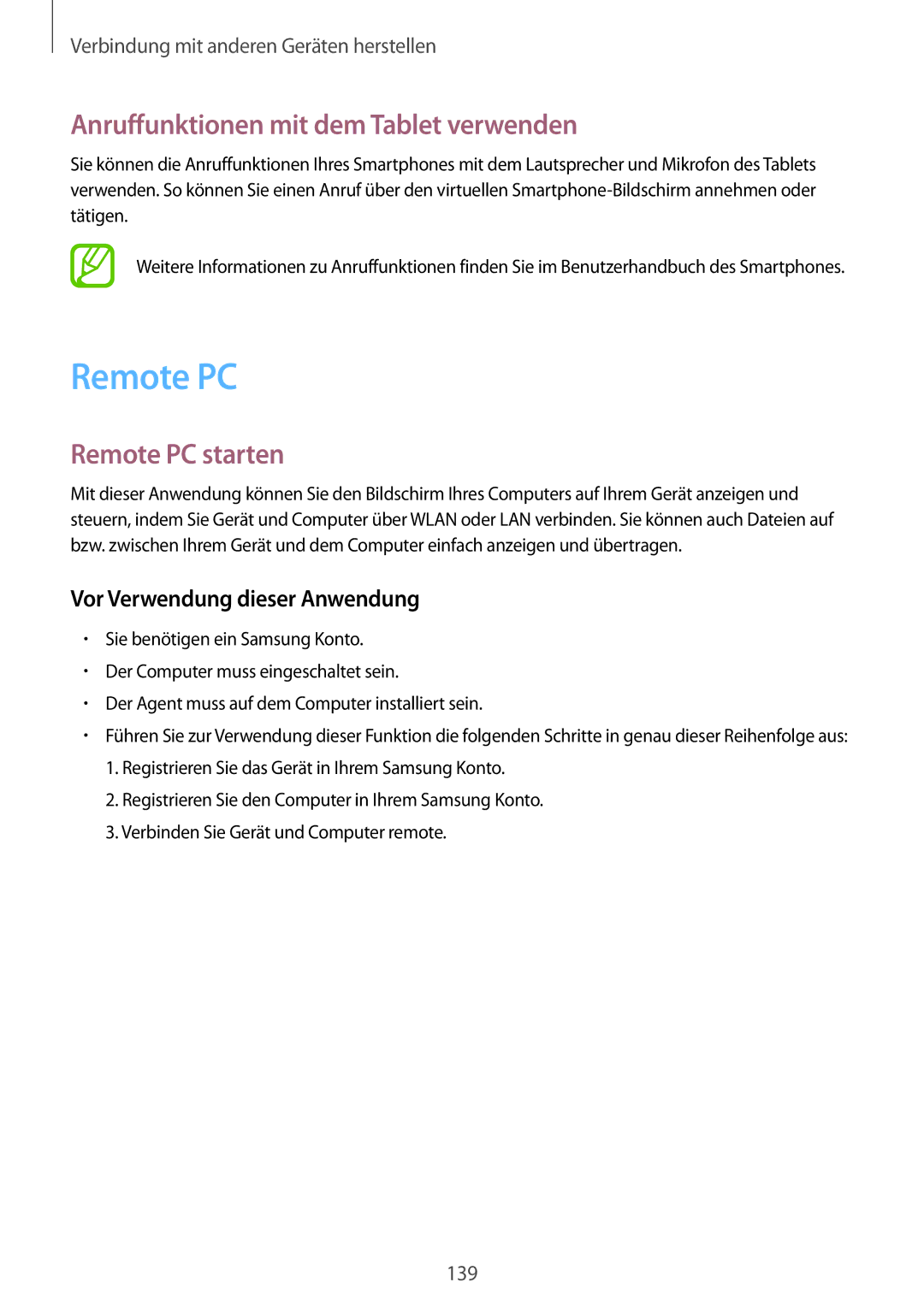 Samsung SM-T700NZWATPH, SM-T700NZWAXEO, SM-T700NZWASEB manual Anruffunktionen mit dem Tablet verwenden, Remote PC starten 
