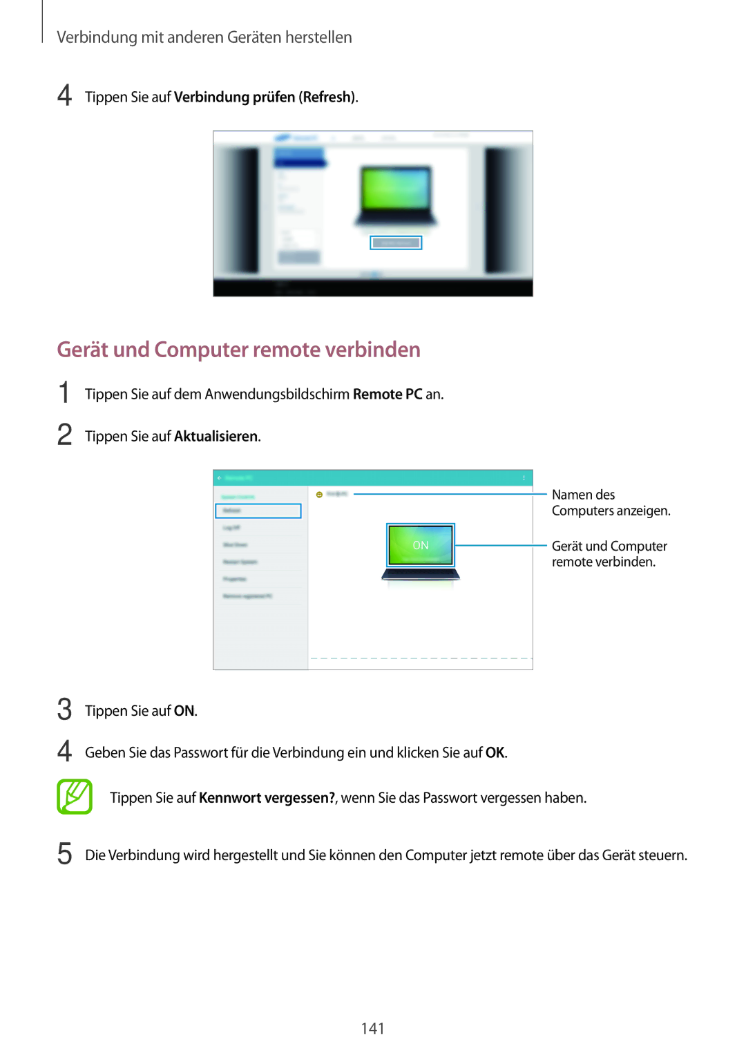 Samsung SM-T700NTSAEUR, SM-T700NZWAXEO manual Gerät und Computer remote verbinden, Tippen Sie auf Verbindung prüfen Refresh 