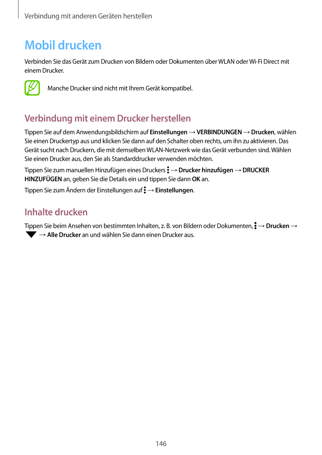 Samsung SM-T700NTSATUR, SM-T700NZWAXEO manual Mobil drucken, Verbindung mit einem Drucker herstellen, Inhalte drucken 