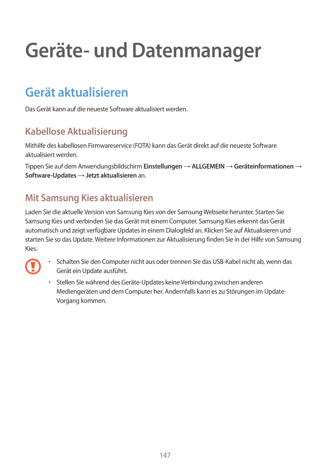 Samsung SM-T700NZWAATO, SM-T700NZWAXEO manual Geräte- und Datenmanager, Gerät aktualisieren, Kabellose Aktualisierung 