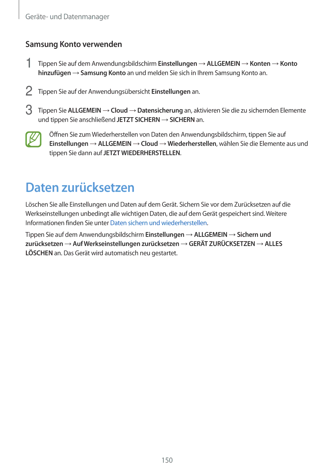 Samsung SM-T700NZWAXEO, SM-T700NZWASEB, SM-T700NZWADBT, SM-T700NTSADBT manual Daten zurücksetzen, Samsung Konto verwenden 