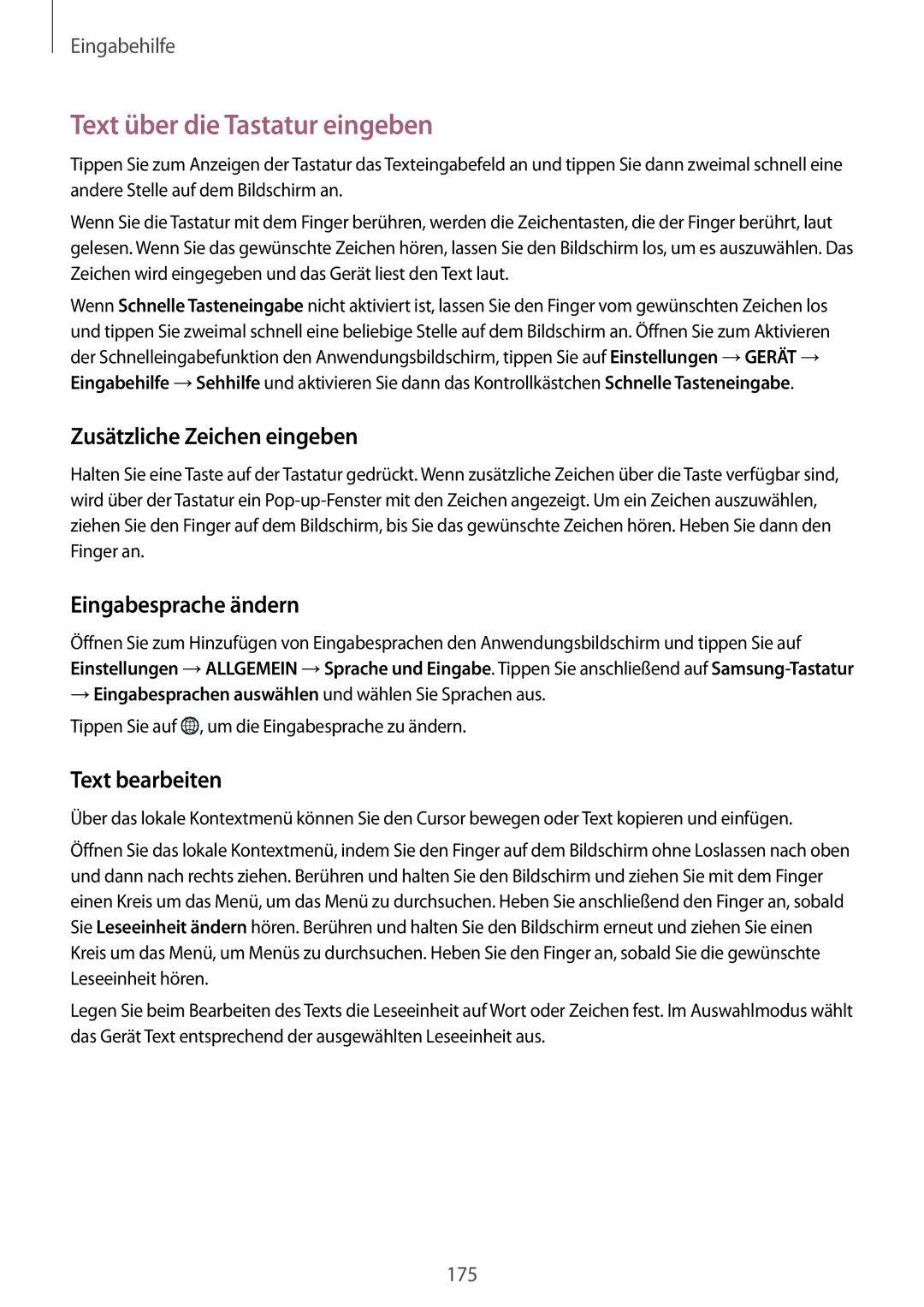 Samsung SM-T700NHAADBT, SM-T700NZWAXEO manual Text über die Tastatur eingeben, Zusätzliche Zeichen eingeben, Text bearbeiten 