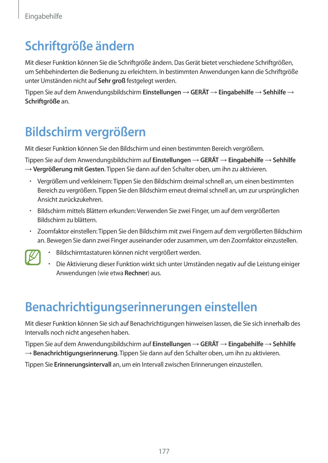 Samsung SM-T700NZWAATO manual Schriftgröße ändern, Bildschirm vergrößern, Benachrichtigungserinnerungen einstellen 