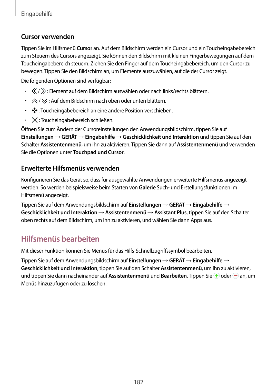 Samsung SM-T700NZWADBT, SM-T700NZWAXEO manual Hilfsmenüs bearbeiten, Cursor verwenden, Erweiterte Hilfsmenüs verwenden 