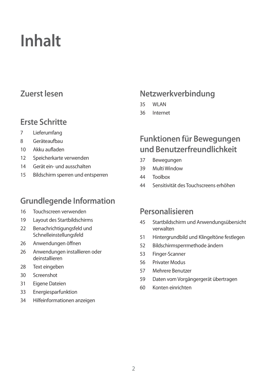 Samsung SM-T700NZWADBT, SM-T700NZWAXEO, SM-T700NZWASEB, SM-T700NTSADBT, SM-T700NZWATPH Inhalt, Zuerst lesen Erste Schritte 