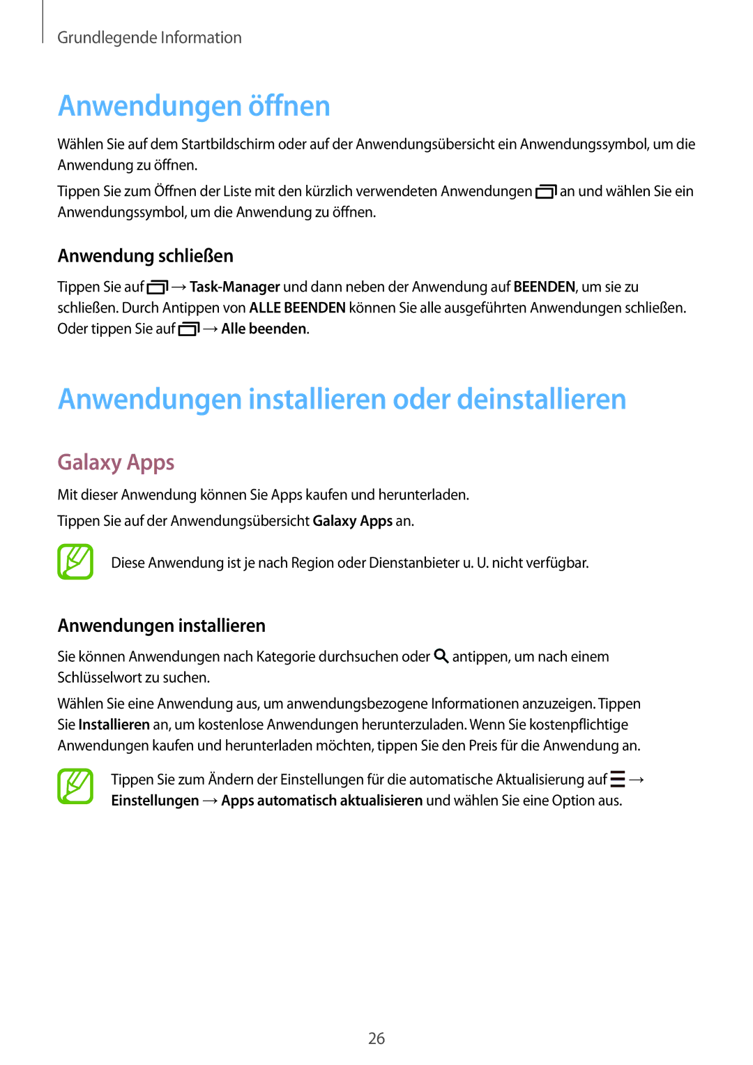 Samsung SM-T700NTSATUR Anwendungen öffnen, Anwendungen installieren oder deinstallieren, Galaxy Apps, Anwendung schließen 