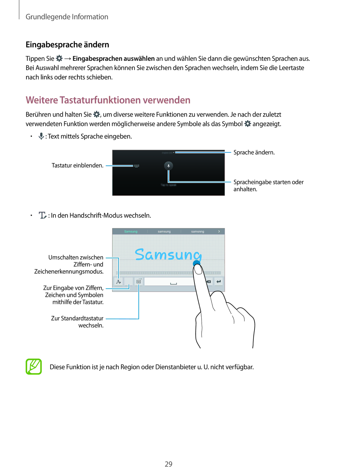 Samsung SM-T700NZWAXEF, SM-T700NZWAXEO, SM-T700NZWASEB manual Weitere Tastaturfunktionen verwenden, Eingabesprache ändern 