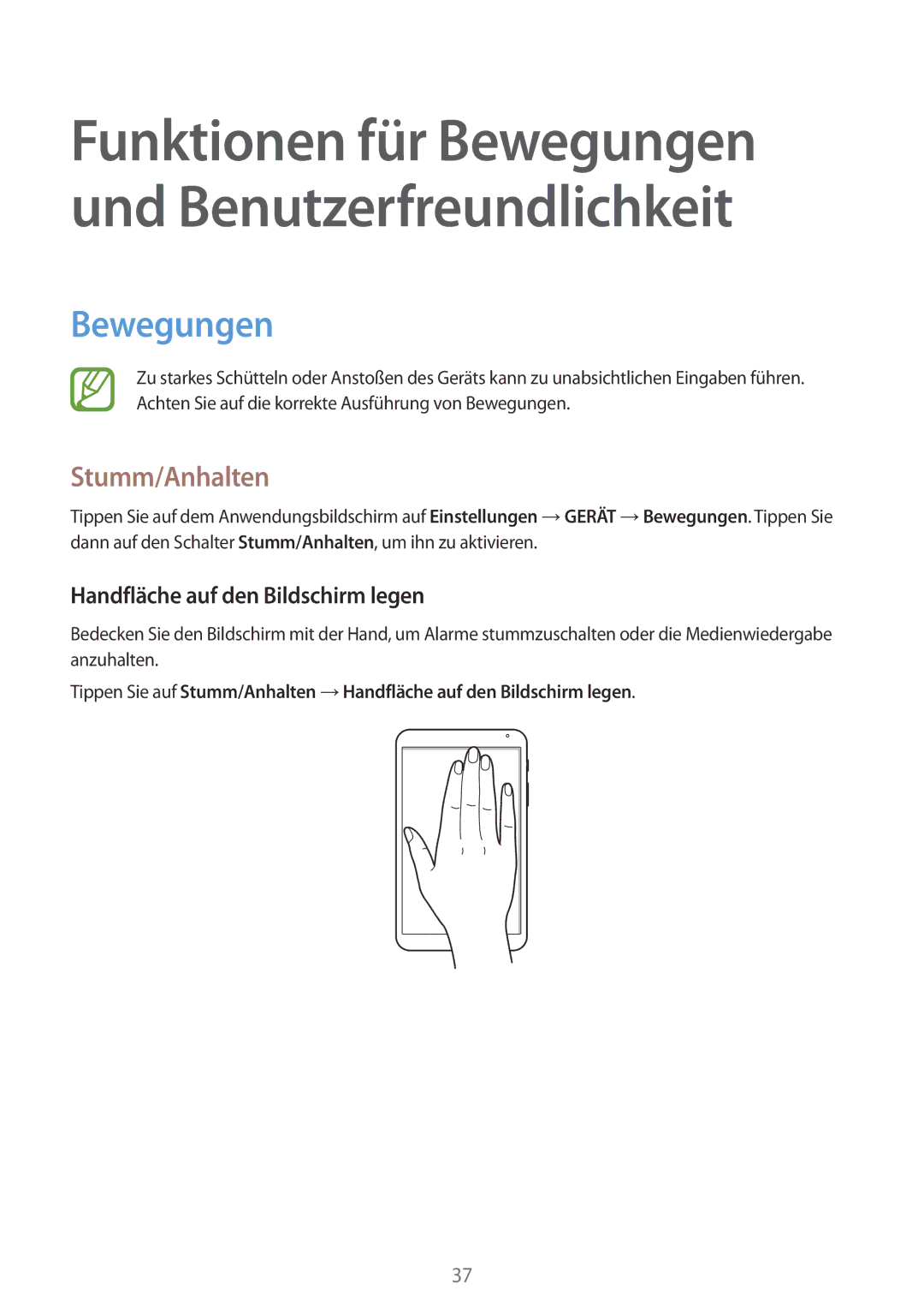 Samsung SM-T700NZWATUR, SM-T700NZWAXEO, SM-T700NZWASEB manual Bewegungen, Stumm/Anhalten, Handfläche auf den Bildschirm legen 
