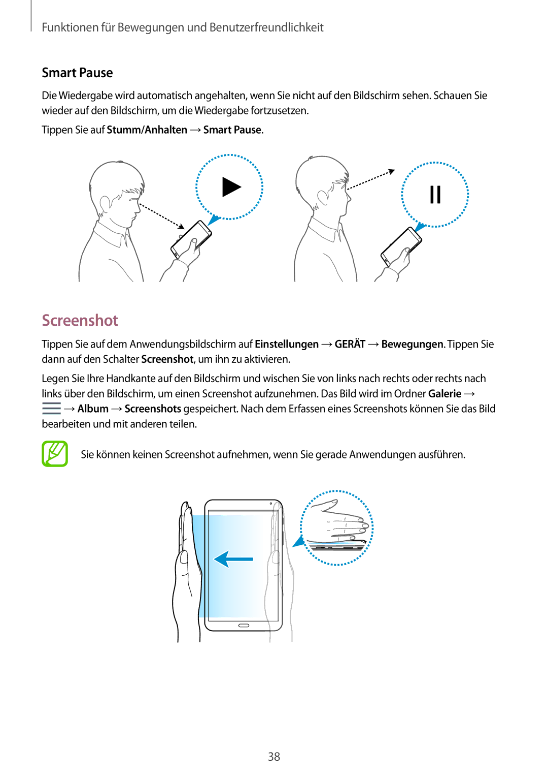 Samsung SM-T700NTSAATO, SM-T700NZWAXEO, SM-T700NZWASEB manual Screenshot, Tippen Sie auf Stumm/Anhalten →Smart Pause 