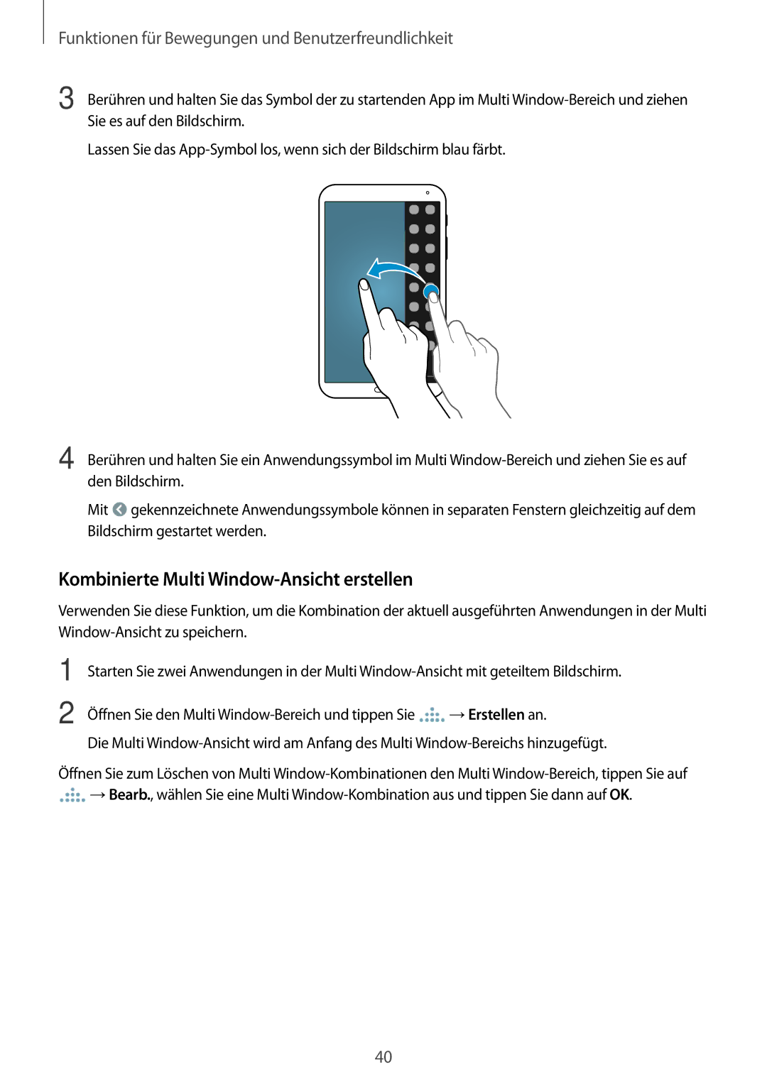 Samsung SM-T700NHAADBT, SM-T700NZWAXEO, SM-T700NZWASEB, SM-T700NZWADBT manual Kombinierte Multi Window-Ansicht erstellen 