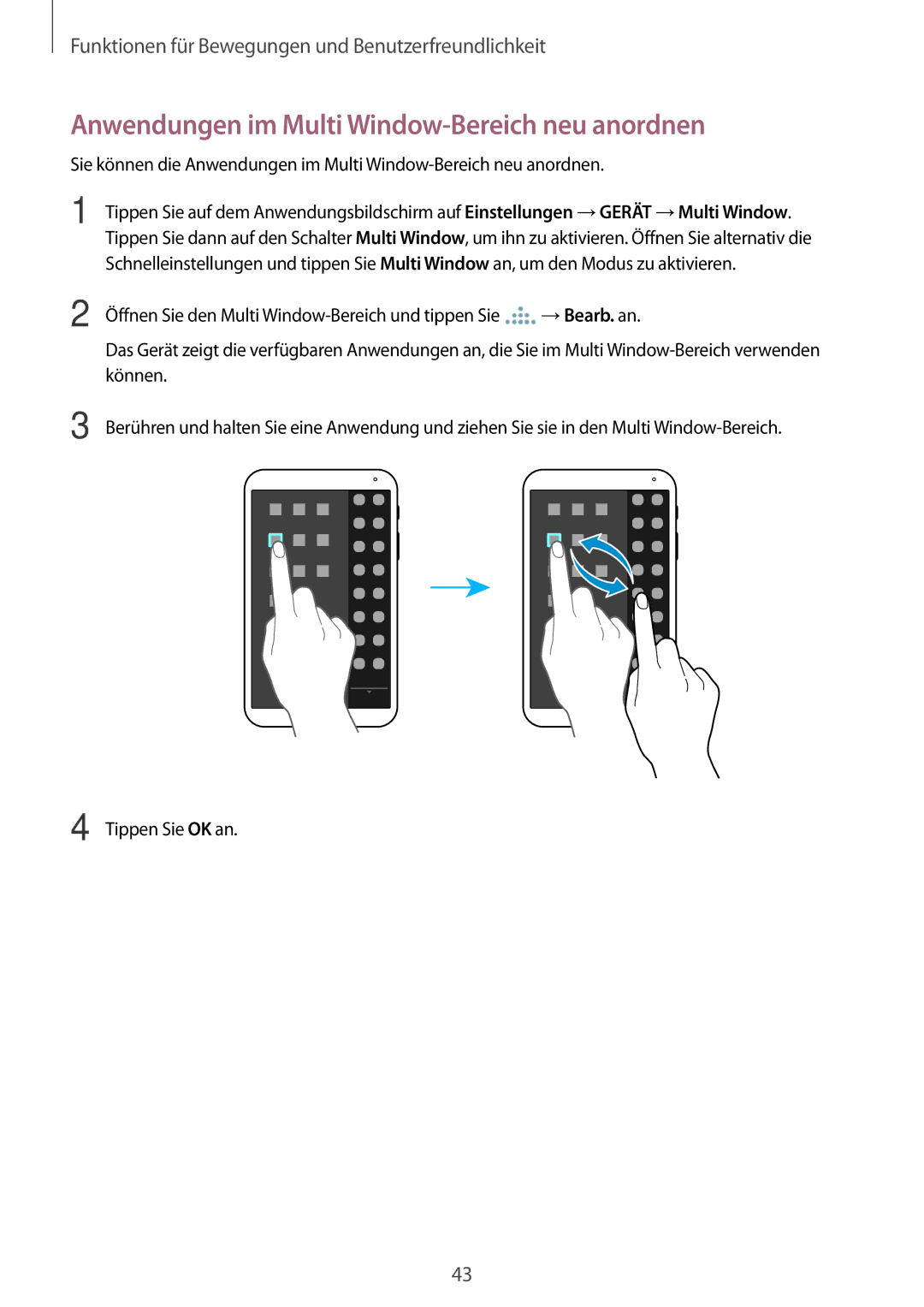 Samsung SM-T700NTSASEB, SM-T700NZWAXEO, SM-T700NZWASEB, SM-T700NZWADBT manual Anwendungen im Multi Window-Bereich neu anordnen 