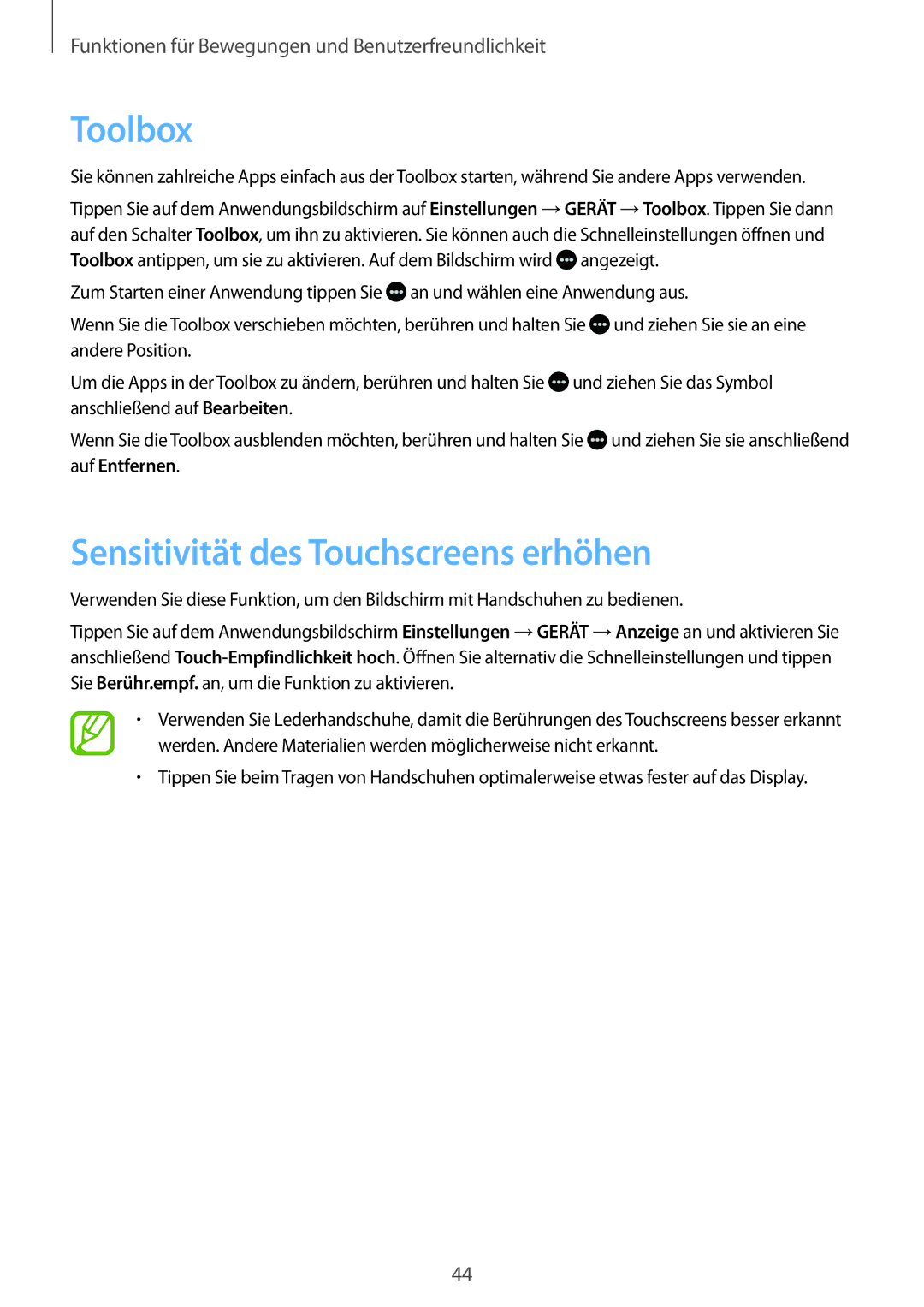 Samsung SM-T700NZWAXEF, SM-T700NZWAXEO, SM-T700NZWASEB, SM-T700NZWADBT manual Toolbox, Sensitivität des Touchscreens erhöhen 