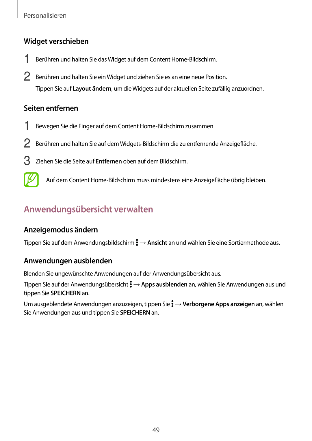 Samsung SM-T700NZWATPH manual Anwendungsübersicht verwalten, Widget verschieben, Seiten entfernen, Anzeigemodus ändern 