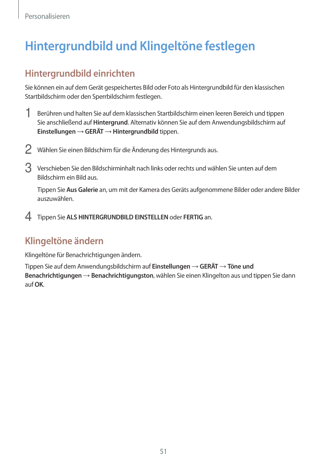 Samsung SM-T700NTSAEUR manual Hintergrundbild und Klingeltöne festlegen, Hintergrundbild einrichten, Klingeltöne ändern 