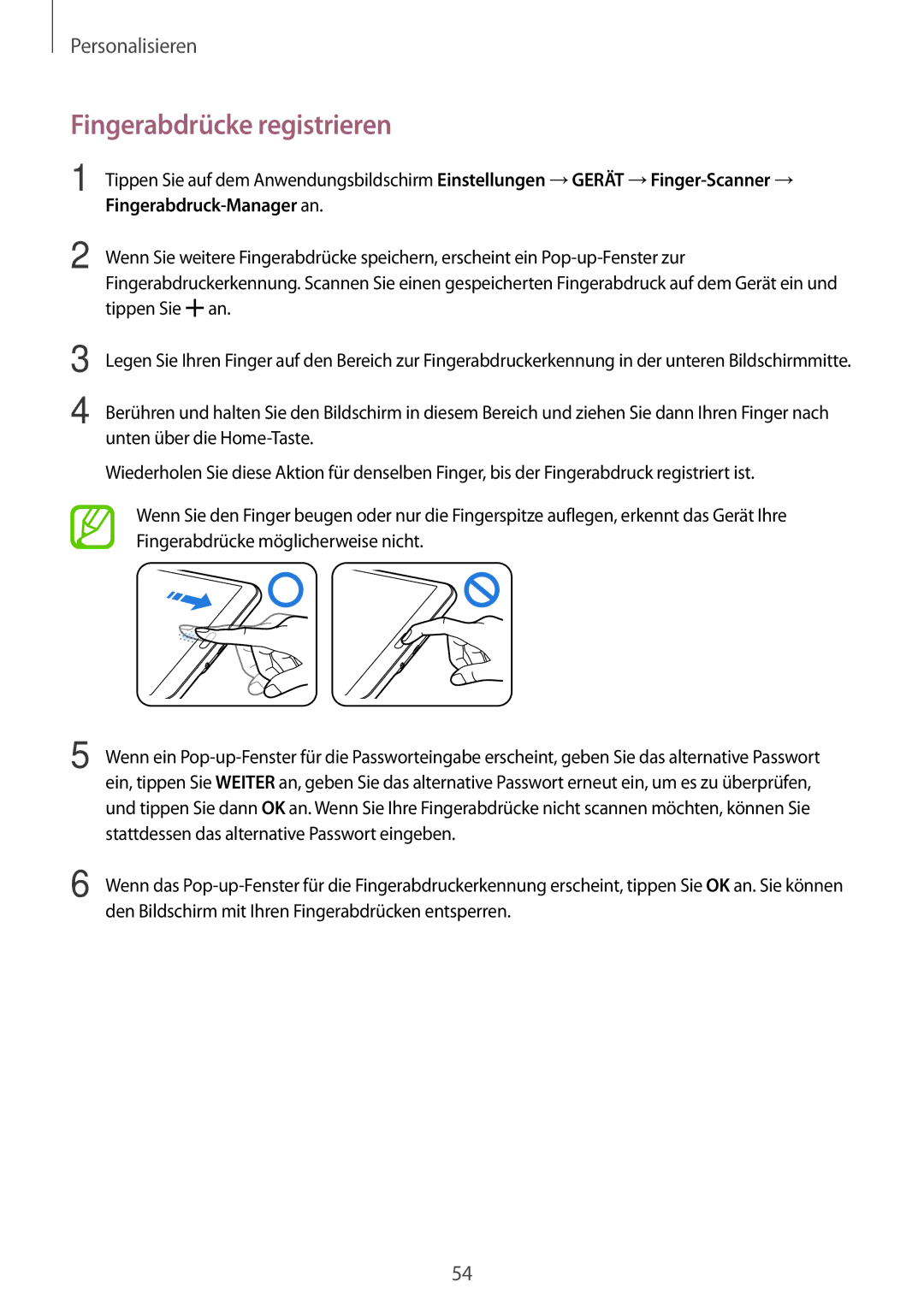 Samsung SM-T700NTSATPH, SM-T700NZWAXEO, SM-T700NZWASEB, SM-T700NZWADBT Fingerabdrücke registrieren, Fingerabdruck-Manager an 