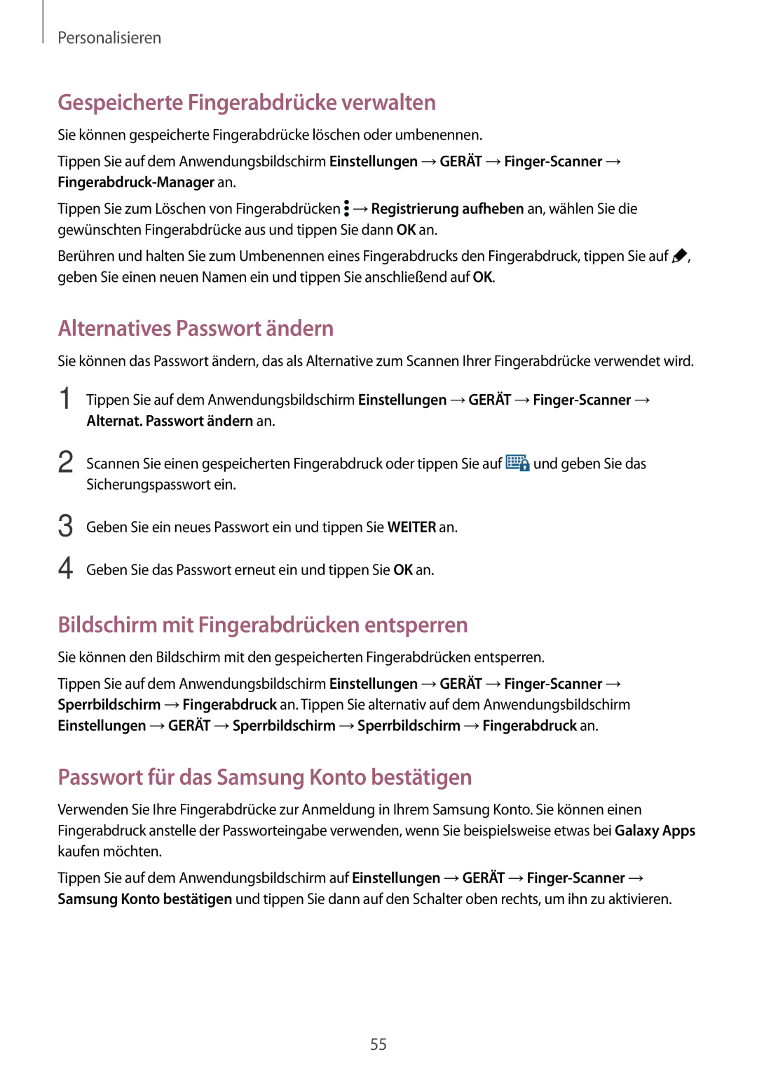 Samsung SM-T700NHAADBT Gespeicherte Fingerabdrücke verwalten, Alternatives Passwort ändern, Alternat. Passwort ändern an 