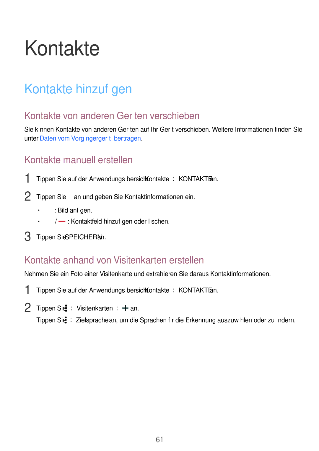 Samsung SM-T700NZWASEB manual Kontakte hinzufügen, Kontakte von anderen Geräten verschieben, Kontakte manuell erstellen 