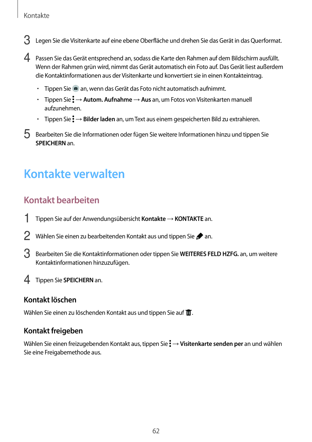 Samsung SM-T700NZWADBT, SM-T700NZWAXEO manual Kontakte verwalten, Kontakt bearbeiten, Kontakt löschen, Kontakt freigeben 