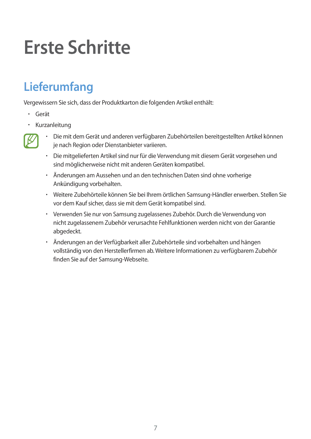 Samsung SM-T700NZWATUR, SM-T700NZWAXEO, SM-T700NZWASEB, SM-T700NZWADBT, SM-T700NTSADBT manual Erste Schritte, Lieferumfang 