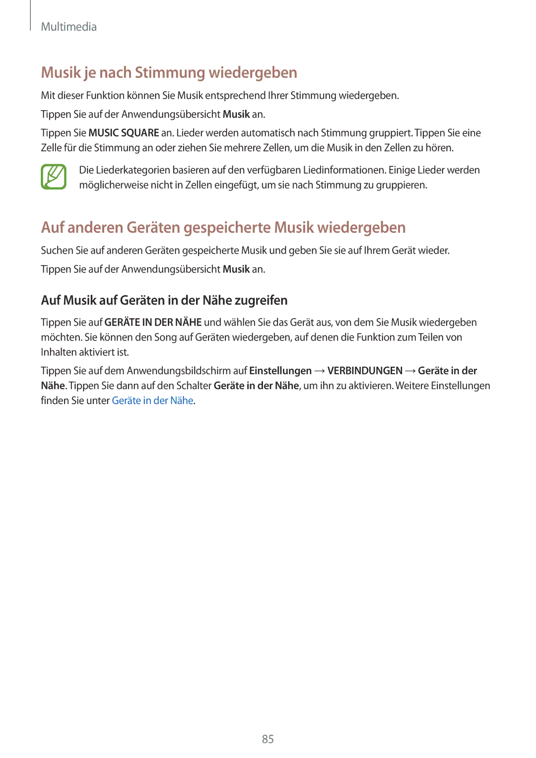Samsung SM-T700NHAADBT manual Musik je nach Stimmung wiedergeben, Auf anderen Geräten gespeicherte Musik wiedergeben 