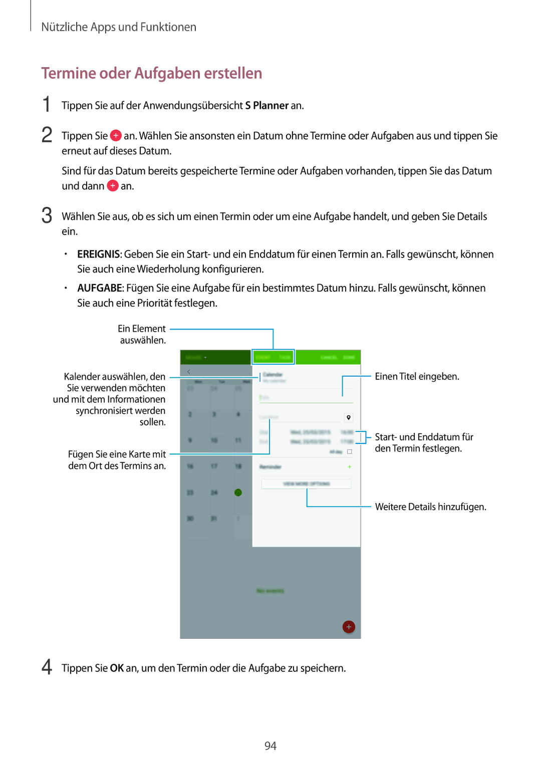 Samsung SM-T700NZWATPH, SM-T700NZWAXEO, SM-T700NZWASEB manual Termine oder Aufgaben erstellen, Ein Element Auswählen 