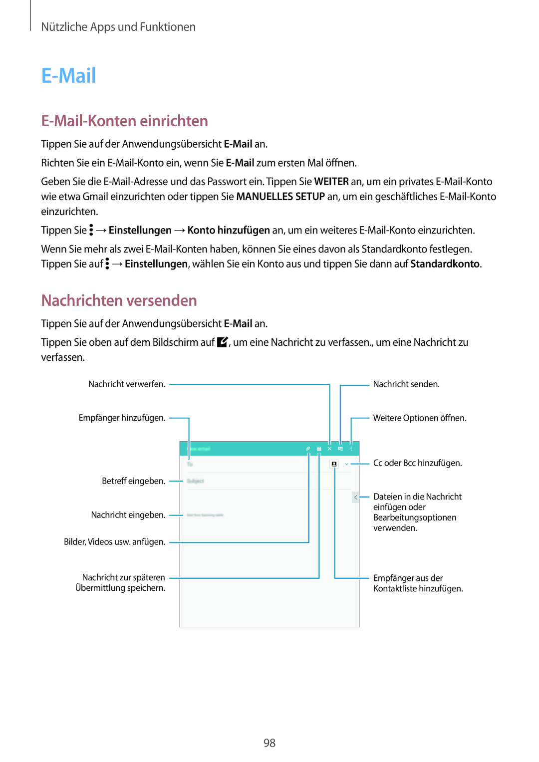 Samsung SM-T700NTSAATO, SM-T700NZWAXEO, SM-T700NZWASEB, SM-T700NZWADBT Mail-Konten einrichten, Nachrichten versenden 