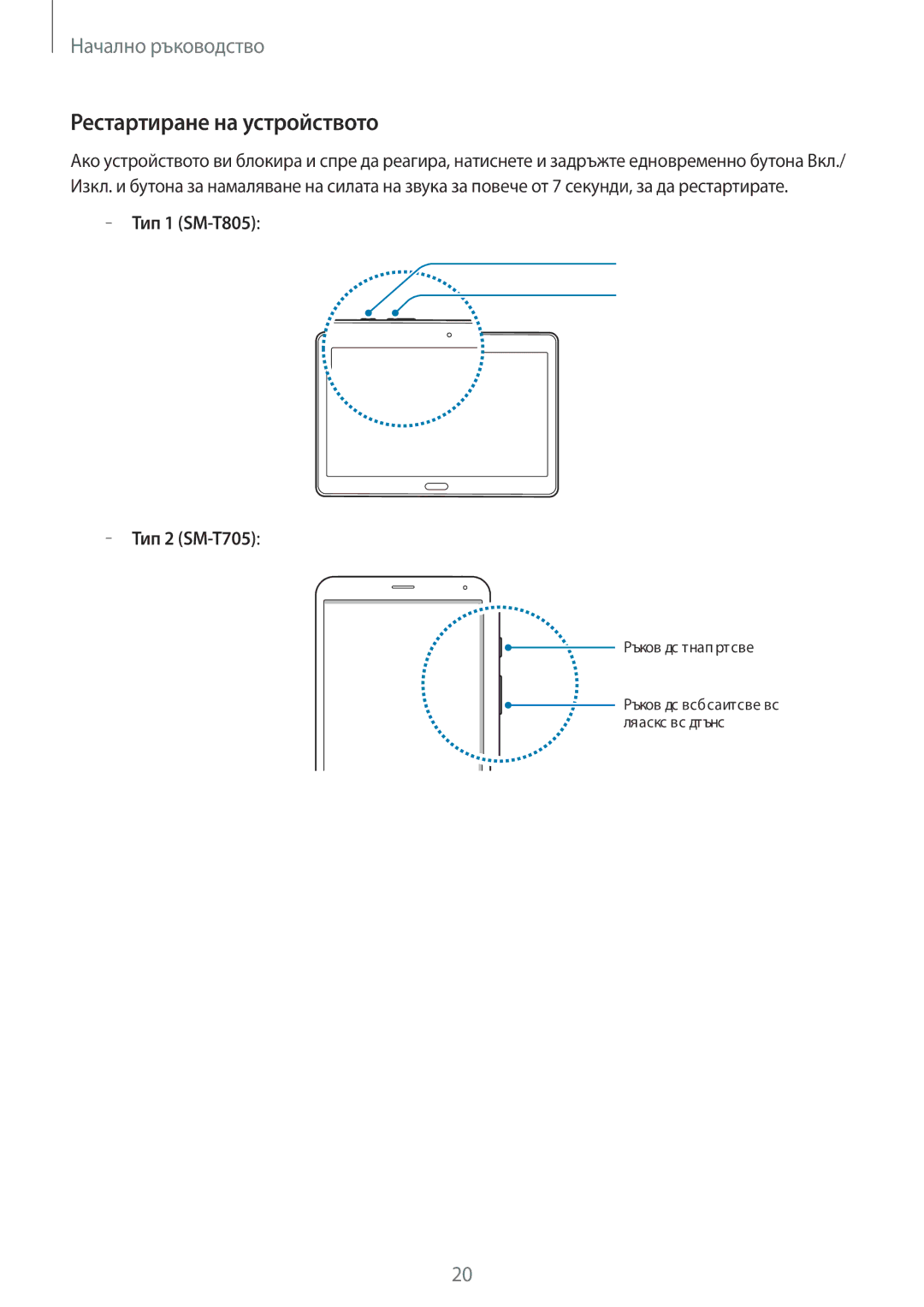 Samsung SM-T705NTSABGL, SM-T805NTSABGL, SM-T705NZWABGL, SM-T805NZWABGL manual Рестартиране на устройството 