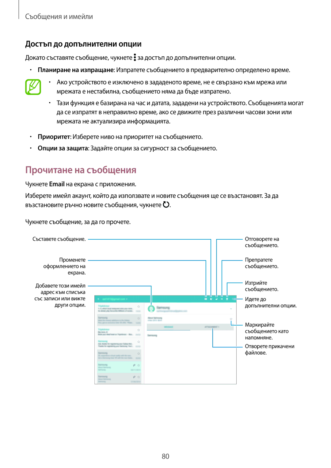 Samsung SM-T705NTSABGL, SM-T805NTSABGL, SM-T705NZWABGL, SM-T805NZWABGL Прочитане на съобщения, Достъп до допълнителни опции 