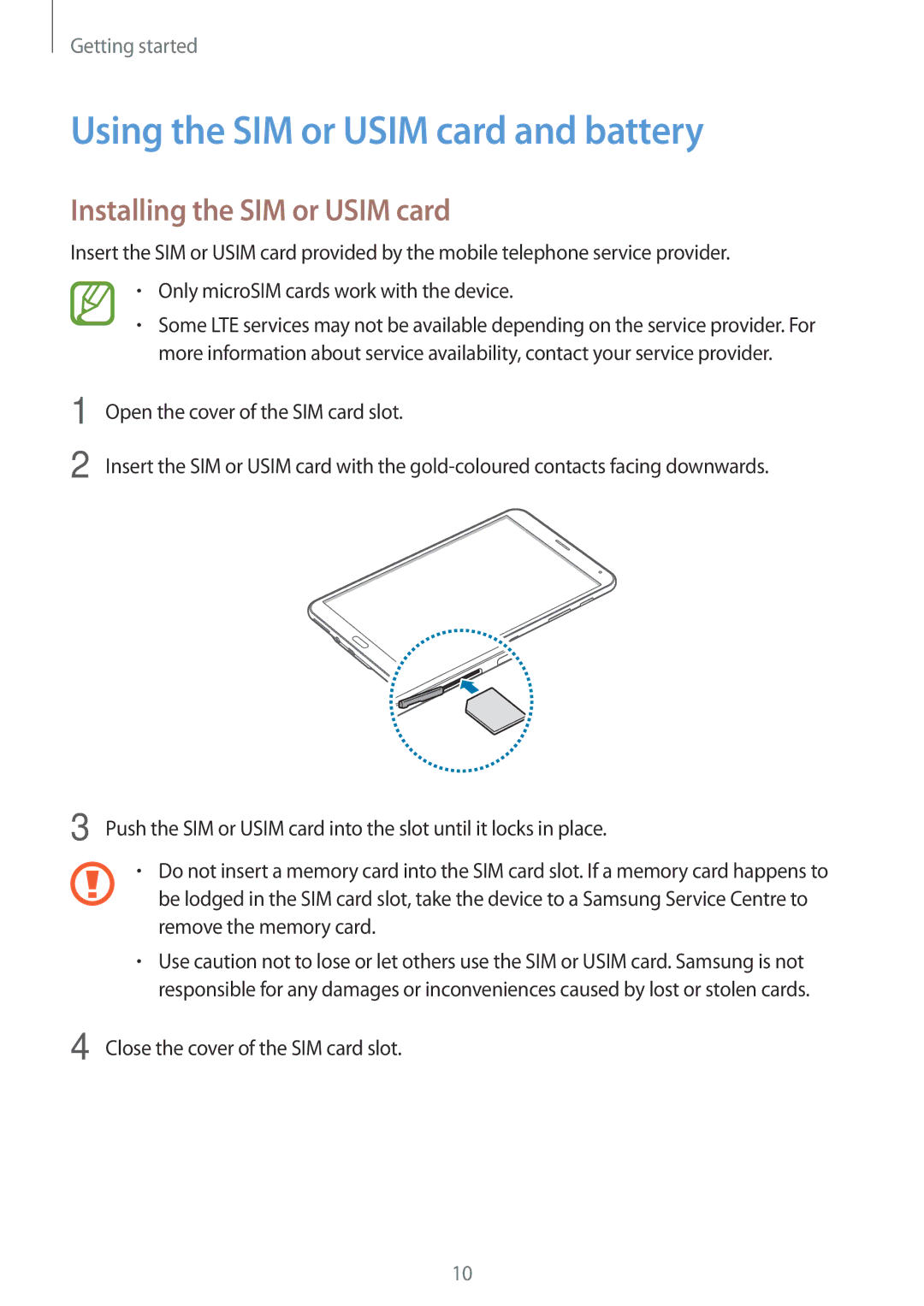 Samsung SM-T705NTSAKSA, SM-T705NTSAXXV manual Using the SIM or Usim card and battery, Installing the SIM or Usim card 