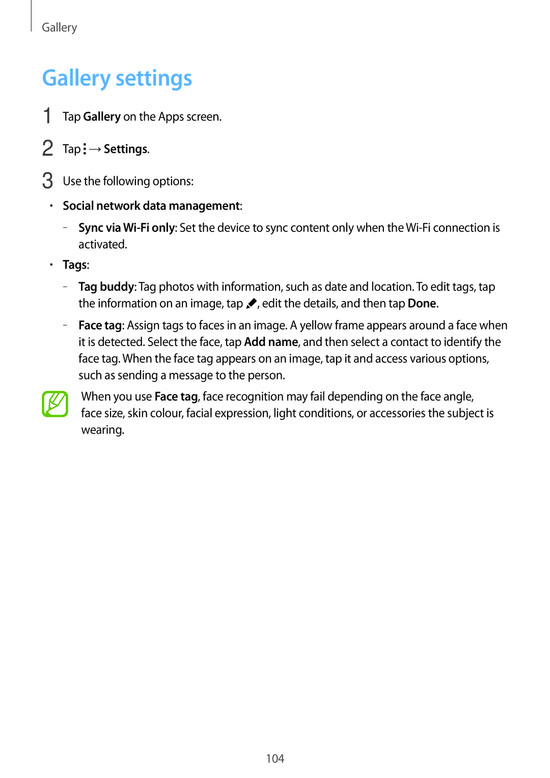 Samsung SM-T705NZWASEE Gallery settings, Tap →Settings, Use the following options, Social network data management, Tags 