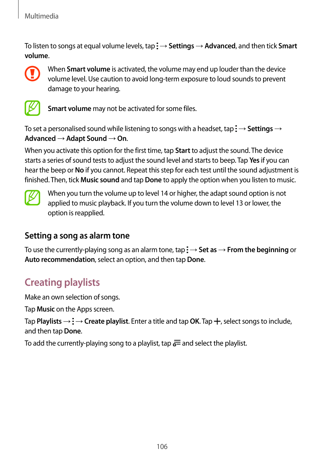 Samsung SM-T705NTSAXXV, SM-T705NTSAKSA, SM-T705NZWAXXV, SM-T705NTSASEE manual Creating playlists, Setting a song as alarm tone 