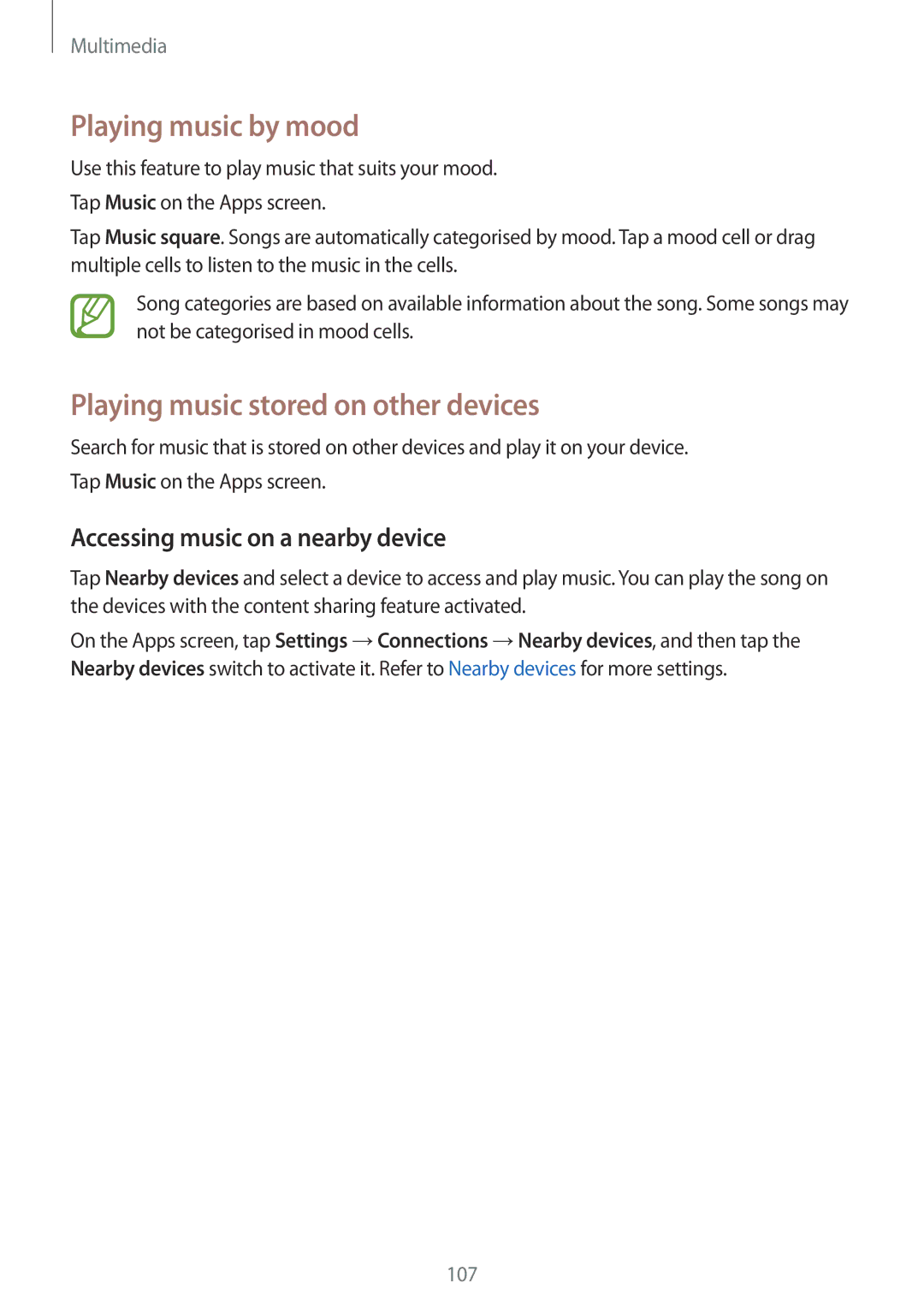 Samsung SM-T705NZWAXXV Playing music by mood, Playing music stored on other devices, Accessing music on a nearby device 