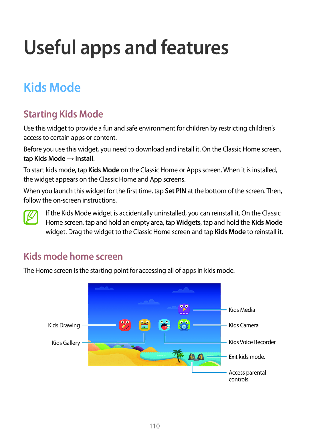 Samsung SM-T705NTSAKSA, SM-T705NTSAXXV manual Useful apps and features, Starting Kids Mode, Kids mode home screen 