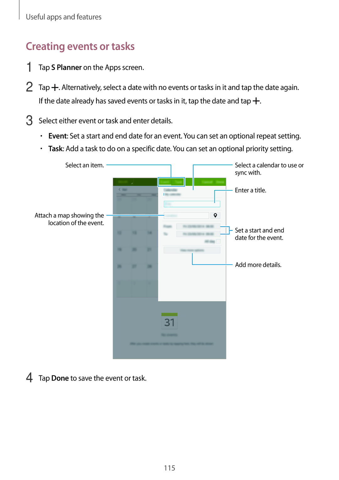 Samsung SM-T705NTSAKSA Creating events or tasks, Tap S Planner on the Apps screen, Tap Done to save the event or task 