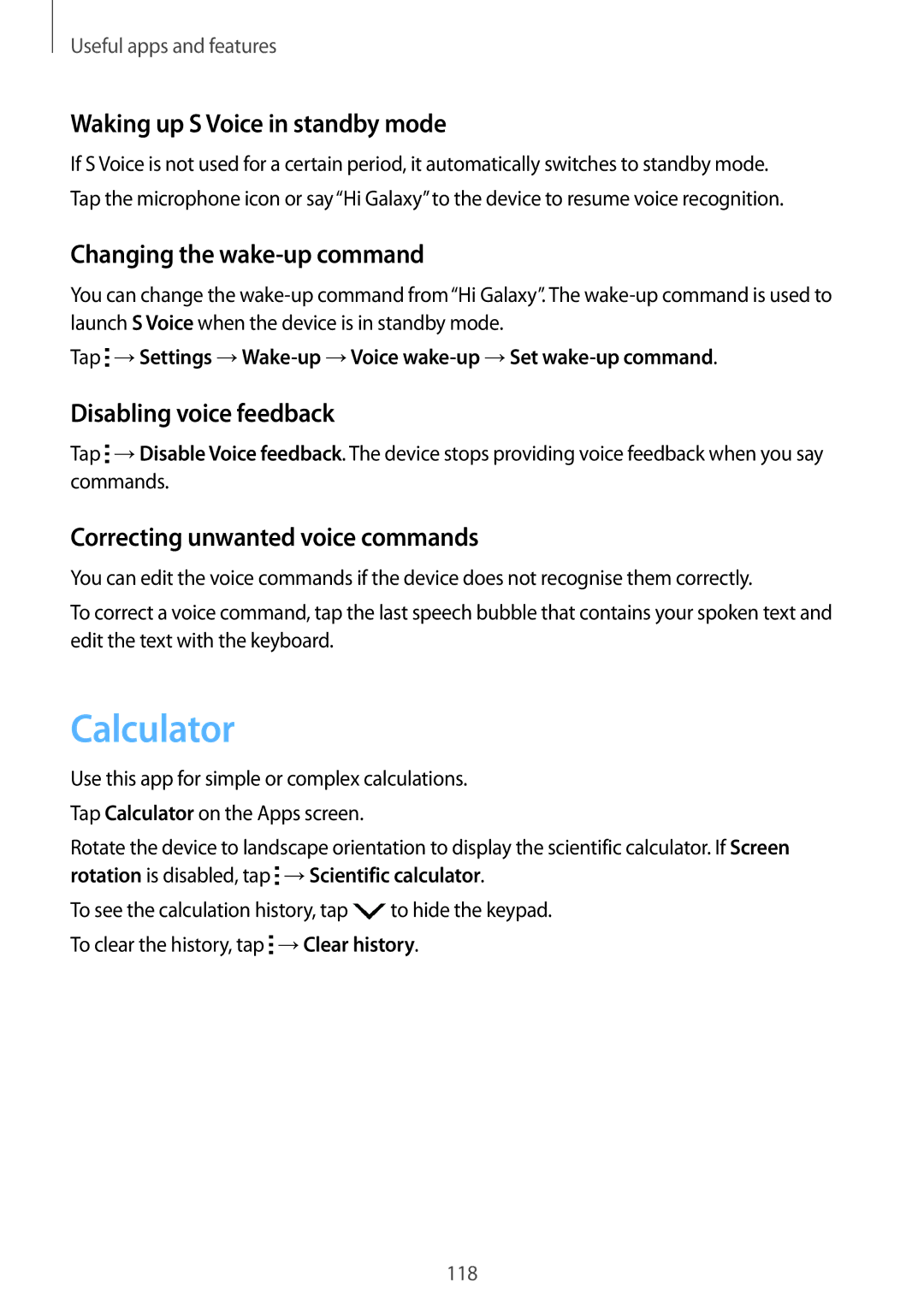 Samsung SM-T705NTSASEE, SM-T705NTSAKSA manual Calculator, Waking up S Voice in standby mode, Changing the wake-up command 