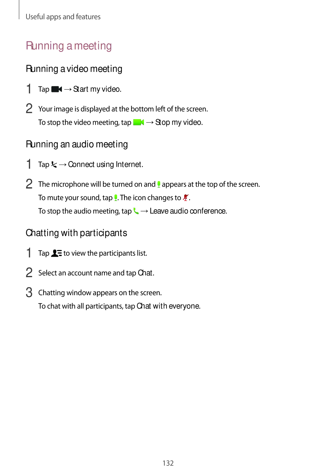 Samsung SM-T705NZWAXXV manual Running a meeting, Running a video meeting, Chatting with participants, →Start my video 