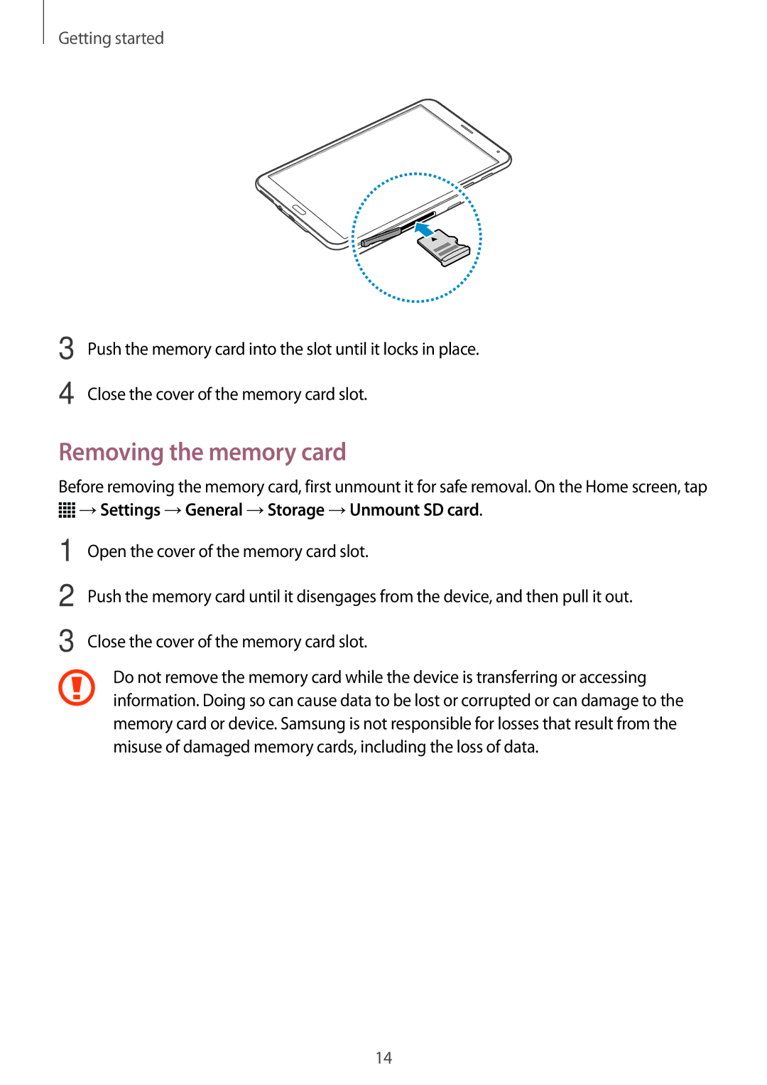 Samsung SM-T705NZWASEE, SM-T705NTSAKSA manual Removing the memory card, →Settings →General →Storage →Unmount SD card 