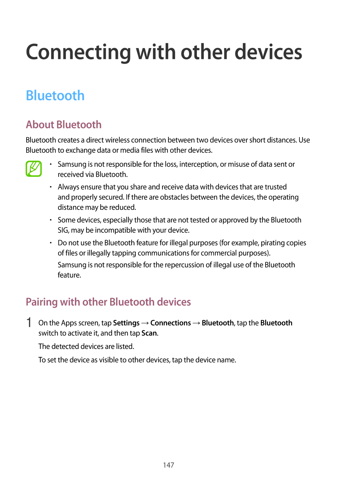 Samsung SM-T705NZWAXXV, SM-T705NTSAKSA, SM-T705NTSAXXV manual About Bluetooth, Pairing with other Bluetooth devices 