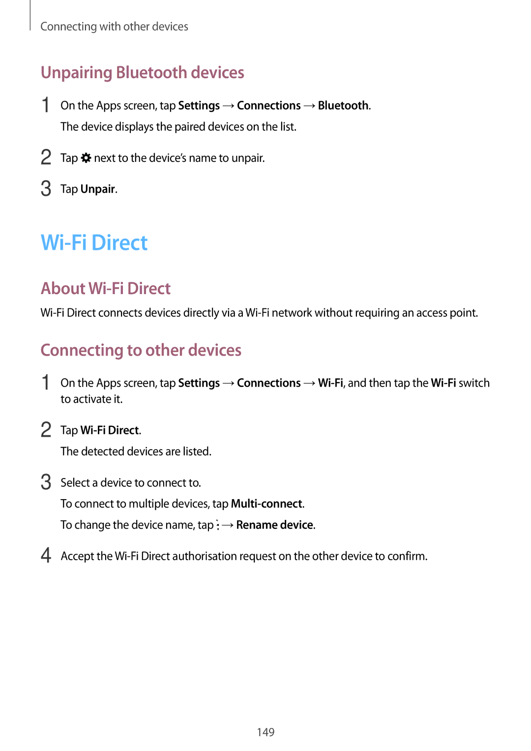 Samsung SM-T705NZWASEE, SM-T705NTSAKSA Unpairing Bluetooth devices, About Wi-Fi Direct, Connecting to other devices 