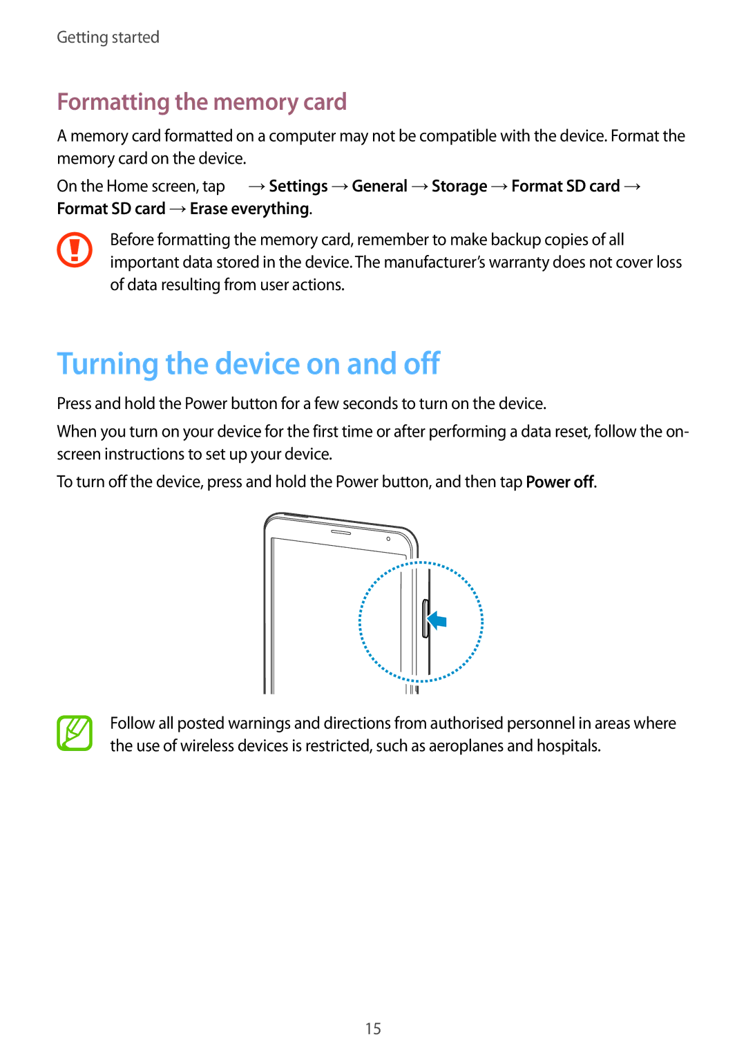 Samsung SM-T705NTSAKSA, SM-T705NTSAXXV, SM-T705NZWAXXV manual Turning the device on and off, Formatting the memory card 